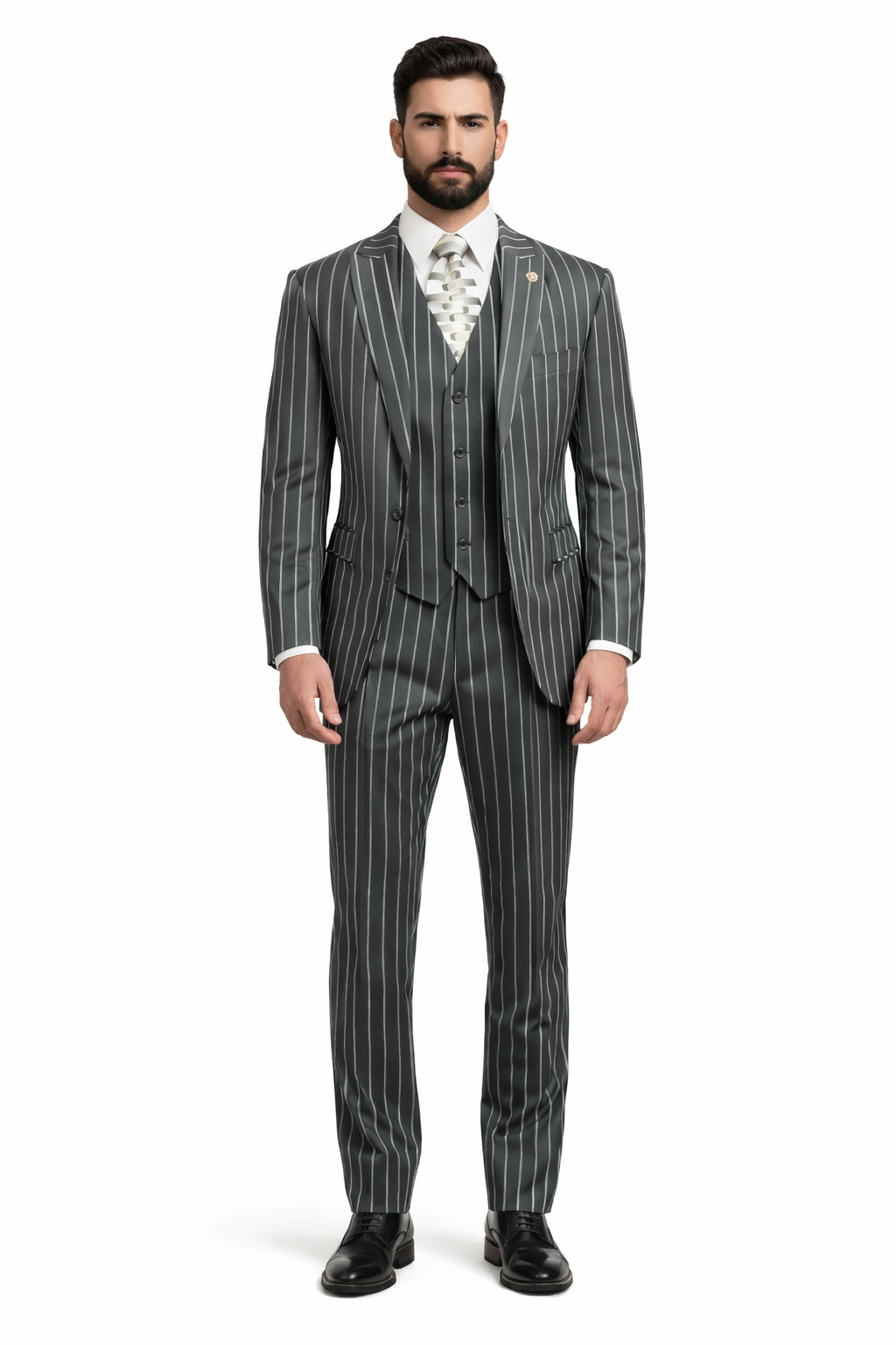 Mens 2 Button Gangster Pinstripe Suit in BLACK / GREY / NAVY / BURGUNDY