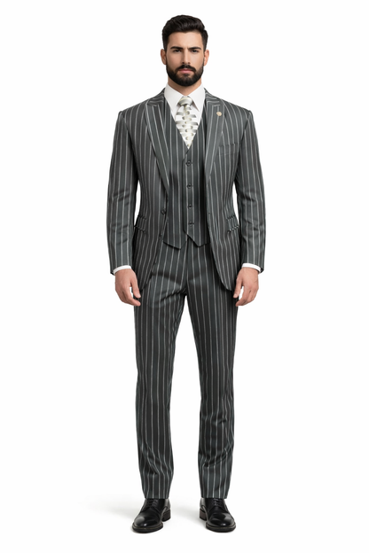 Mens 2 Button Gangster Pinstripe Suit in BLACK / GREY / NAVY / BURGUNDY