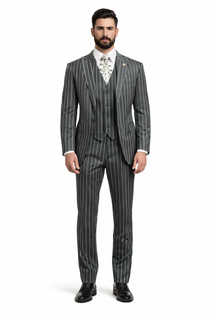 Mens 2 Button Gangster Pinstripe Suit in BLACK / GREY / NAVY / BURGUNDY