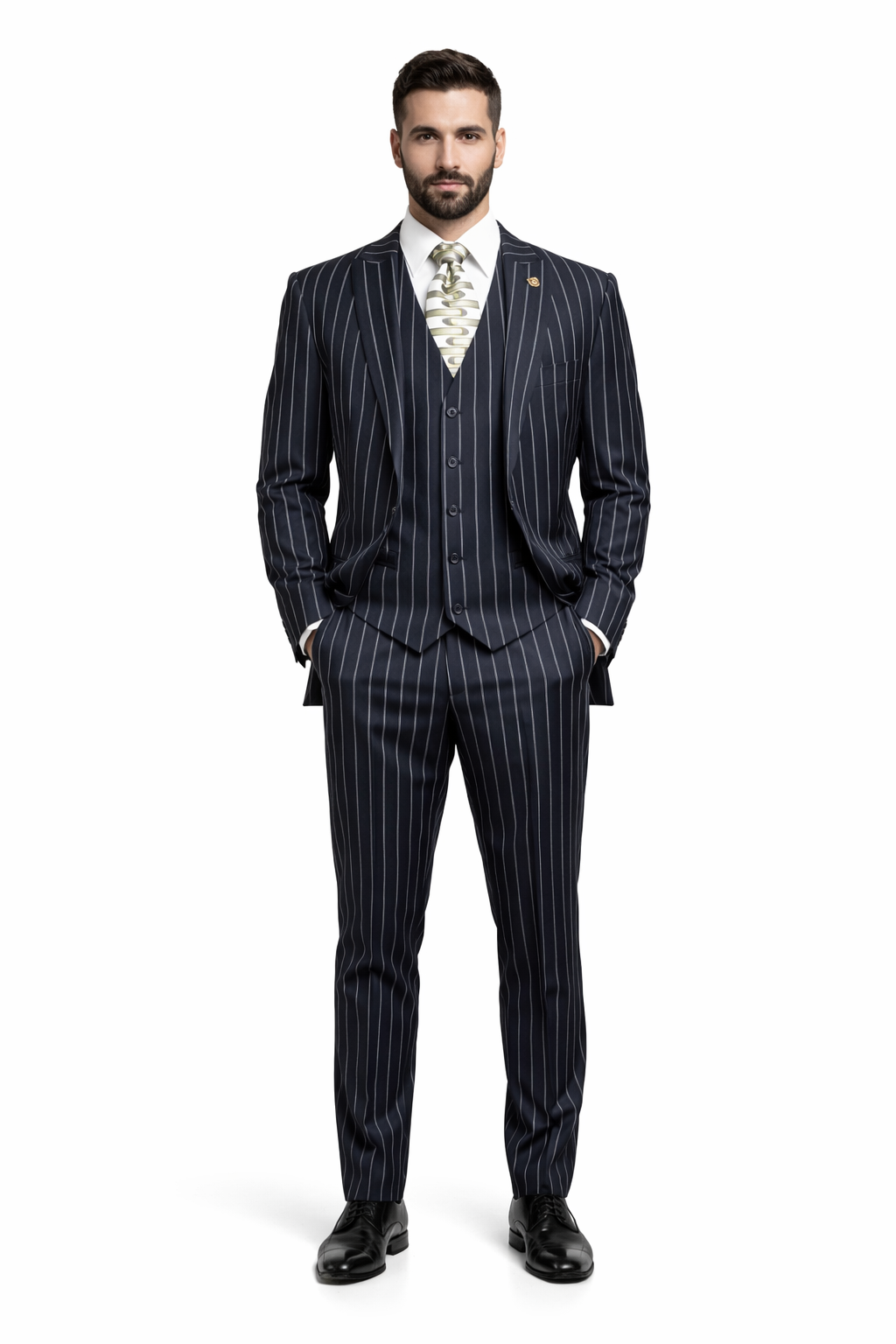 Mens 2 Button Gangster Pinstripe Suit in BLACK / GREY / NAVY / BURGUNDY