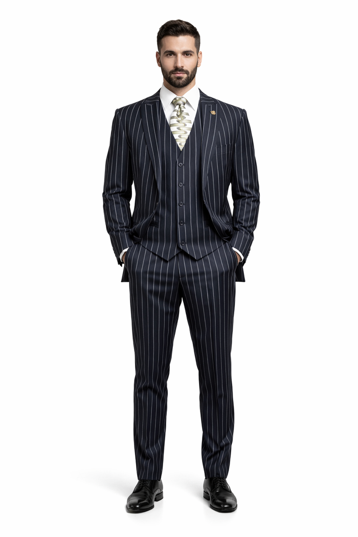 Mens 2 Button Gangster Pinstripe Suit in BLACK / GREY / NAVY / BURGUNDY