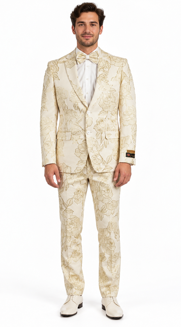 Mens 2 Button Ivory & Gold Foil Floral Paisley Prom & Wedding Tuxedo