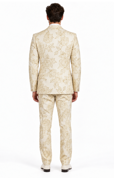 Mens 2 Button Ivory & Gold Foil Floral Paisley Prom & Wedding Tuxedo