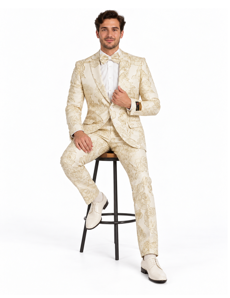 Mens 2 Button Ivory & Gold Foil Floral Paisley Prom & Wedding Tuxedo