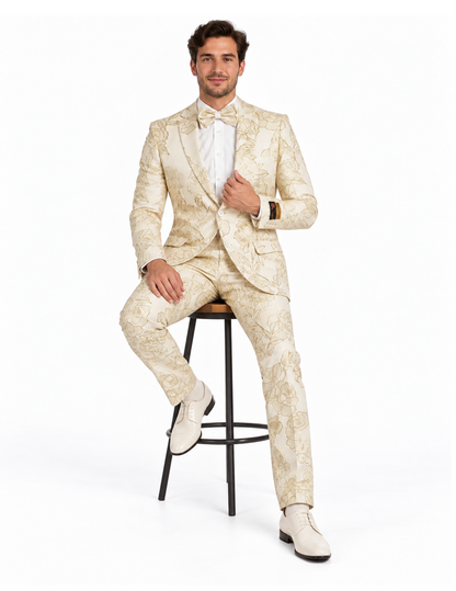 Mens 2 Button Ivory & Gold Foil Floral Paisley Prom & Wedding Tuxedo