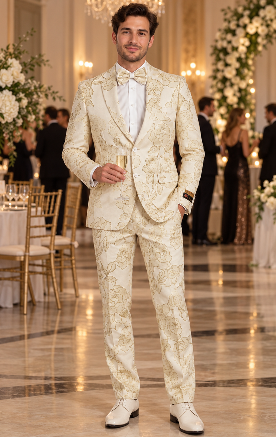 Mens 2 Button Ivory & Gold Foil Floral Paisley Prom & Wedding Tuxedo