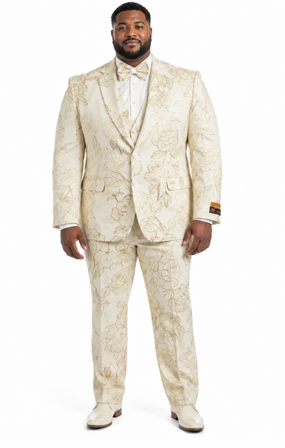Mens 2 Button Ivory & Gold Foil Floral Paisley Prom & Wedding Tuxedo