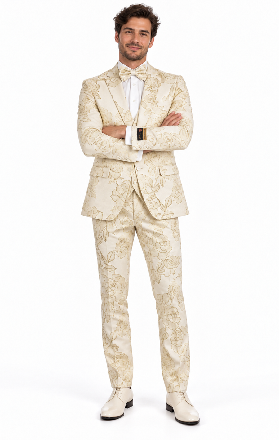Mens 2 Button Ivory & Gold Foil Floral Paisley Prom & Wedding Tuxedo