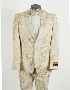 Mens 2 Button Ivory & Gold Foil Floral Paisley Prom & Wedding Tuxedo