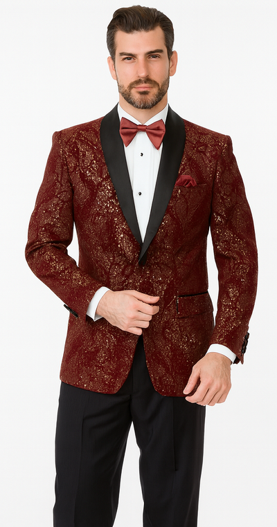 Mens 2 Button Paisley Glitter Tuxedo in Burgundy 1 T816-Burgundy-42R  - from alligatorwarehouse.com