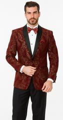 Mens 2 Button Paisley Glitter Tuxedo in Burgundy