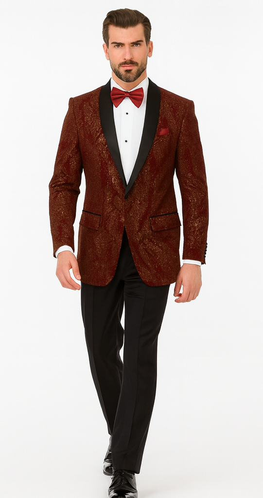 Mens 2 Button Paisley Glitter Tuxedo in Burgundy
