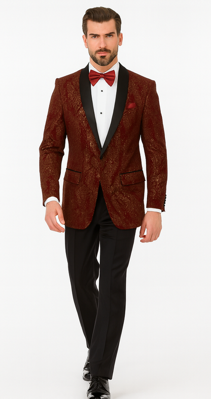 Mens 2 Button Paisley Glitter Tuxedo in Burgundy