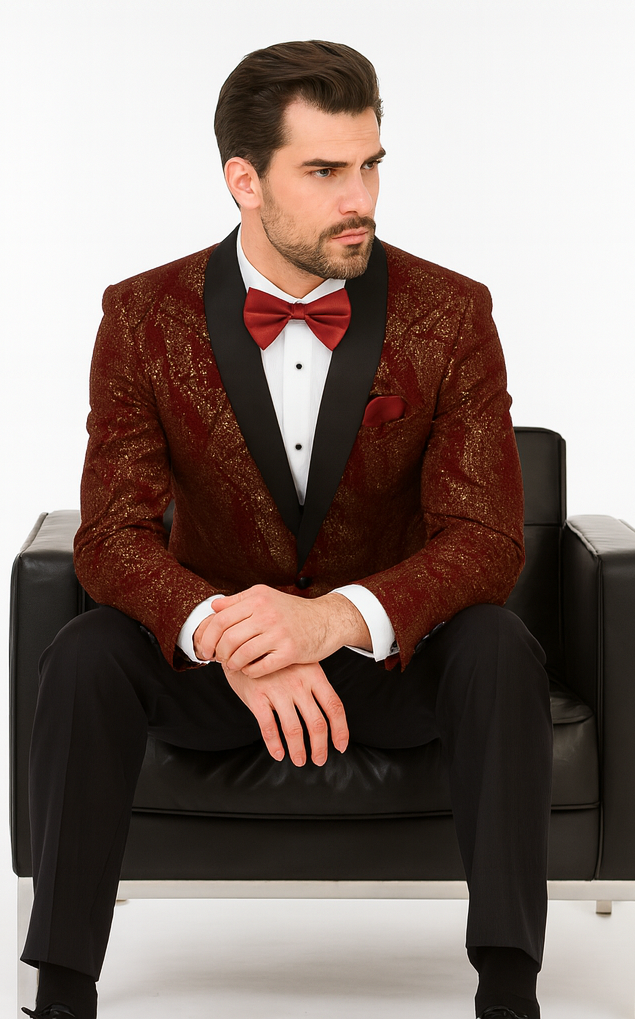 Mens 2 Button Paisley Glitter Tuxedo in Burgundy
