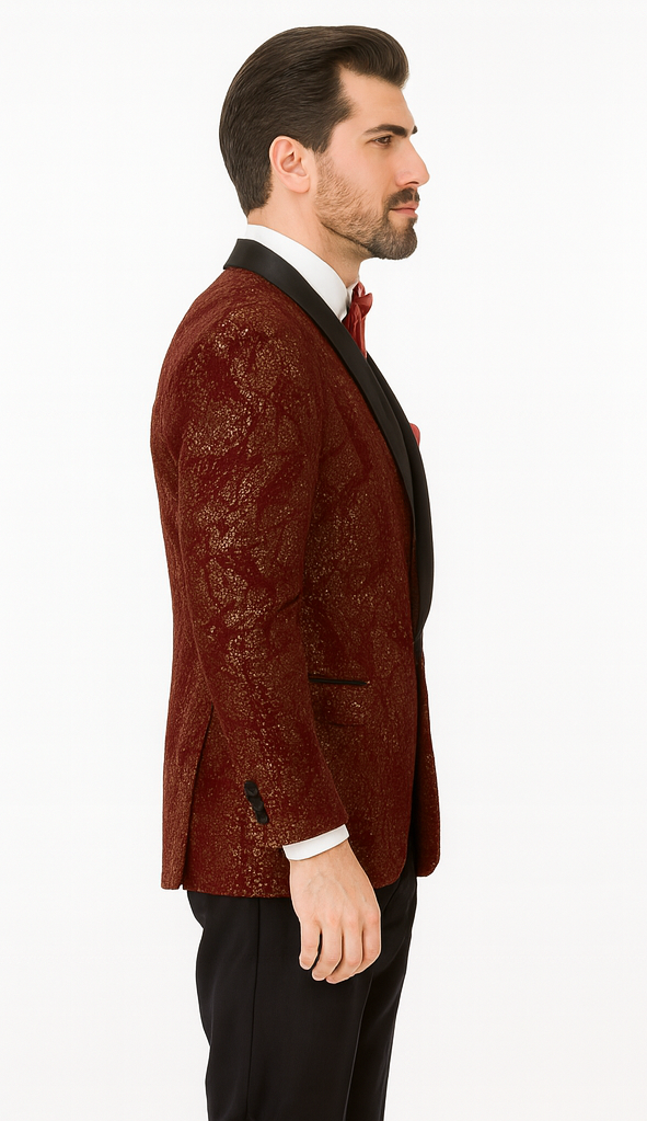 Mens 2 Button Paisley Glitter Tuxedo in Burgundy