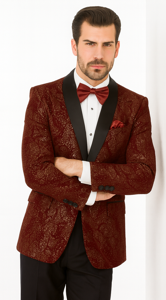 Mens 2 Button Paisley Glitter Tuxedo in Burgundy