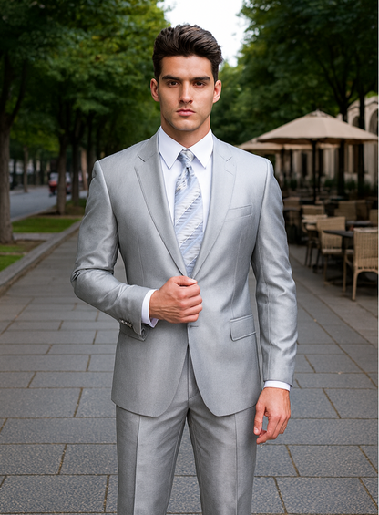 Mens 2 Button Peak Lapel Shiny Sharkskin Suit in Silver