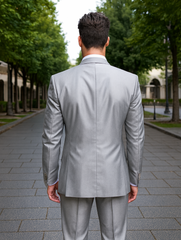 Mens 2 Button Peak Lapel Shiny Sharkskin Suit in Silver