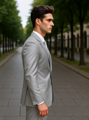 Mens 2 Button Peak Lapel Shiny Sharkskin Suit in Silver