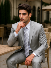 Mens 2 Button Peak Lapel Shiny Sharkskin Suit in Silver