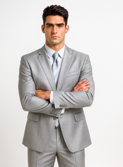 Mens 2 Button Peak Lapel Shiny Sharkskin Suit in Silver
