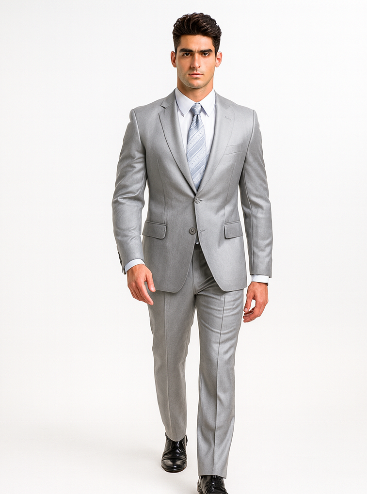 Mens 2 Button Peak Lapel Shiny Sharkskin Suit in Silver