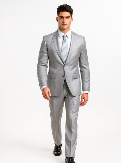Mens 2 Button Peak Lapel Shiny Sharkskin Suit in Silver