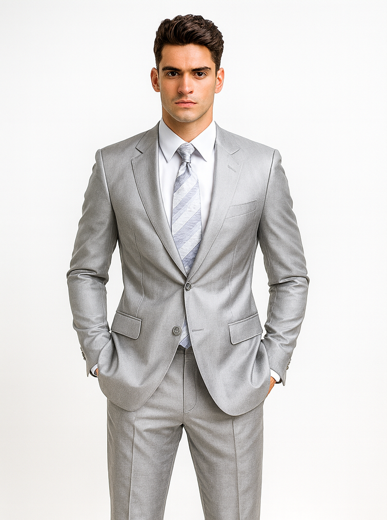 Mens 2 Button Peak Lapel Shiny Sharkskin Suit in Silver