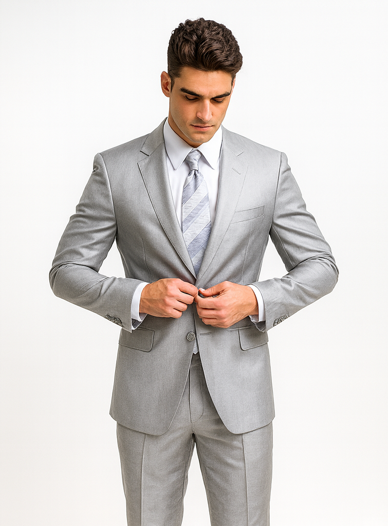 Mens 2 Button Peak Lapel Shiny Sharkskin Suit in Silver