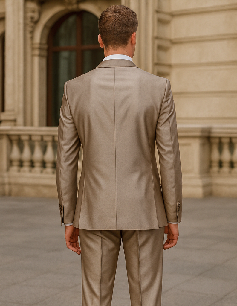 Mens 2 Button Peak Lapel Shiny Sharkskin Suit in Tan