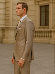 Mens 2 Button Peak Lapel Shiny Sharkskin Suit in Tan