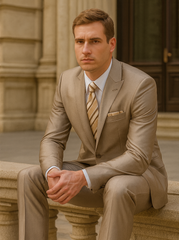 Mens 2 Button Peak Lapel Shiny Sharkskin Suit in Tan
