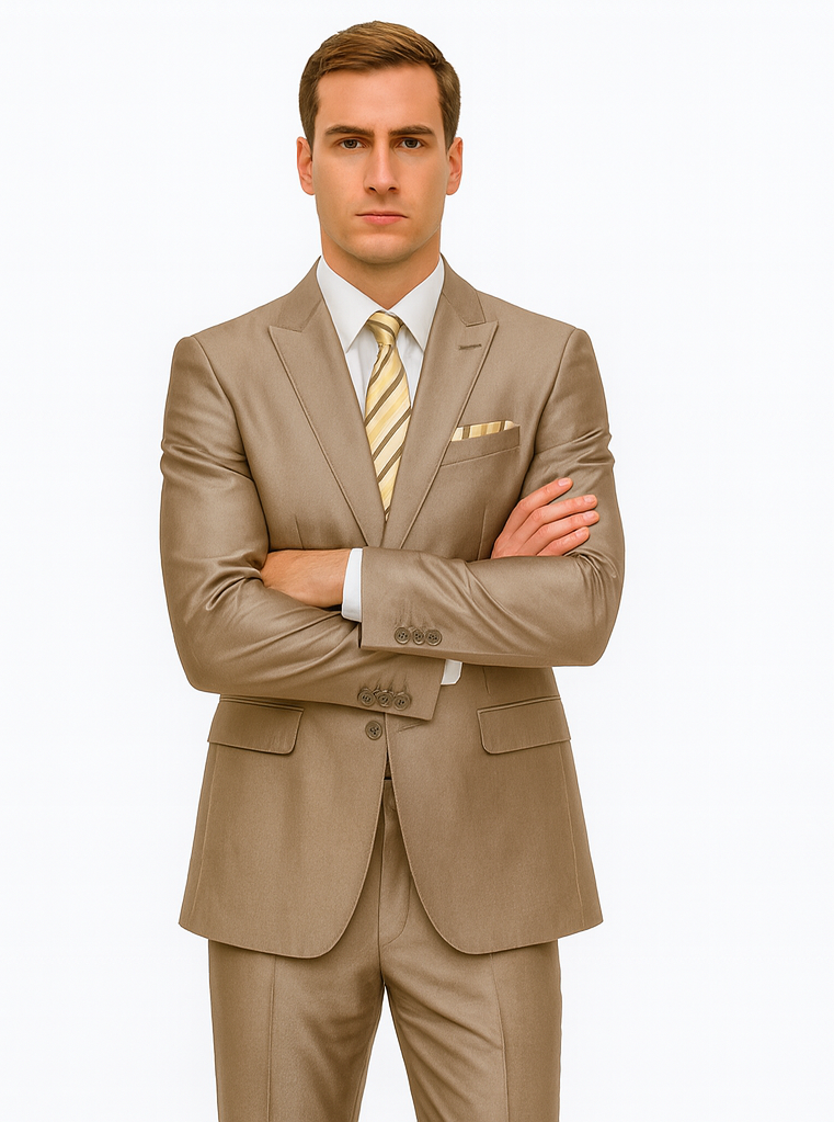 Mens 2 Button Peak Lapel Shiny Sharkskin Suit in Tan