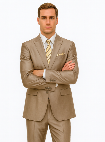 Mens 2 Button Peak Lapel Shiny Sharkskin Suit in Tan