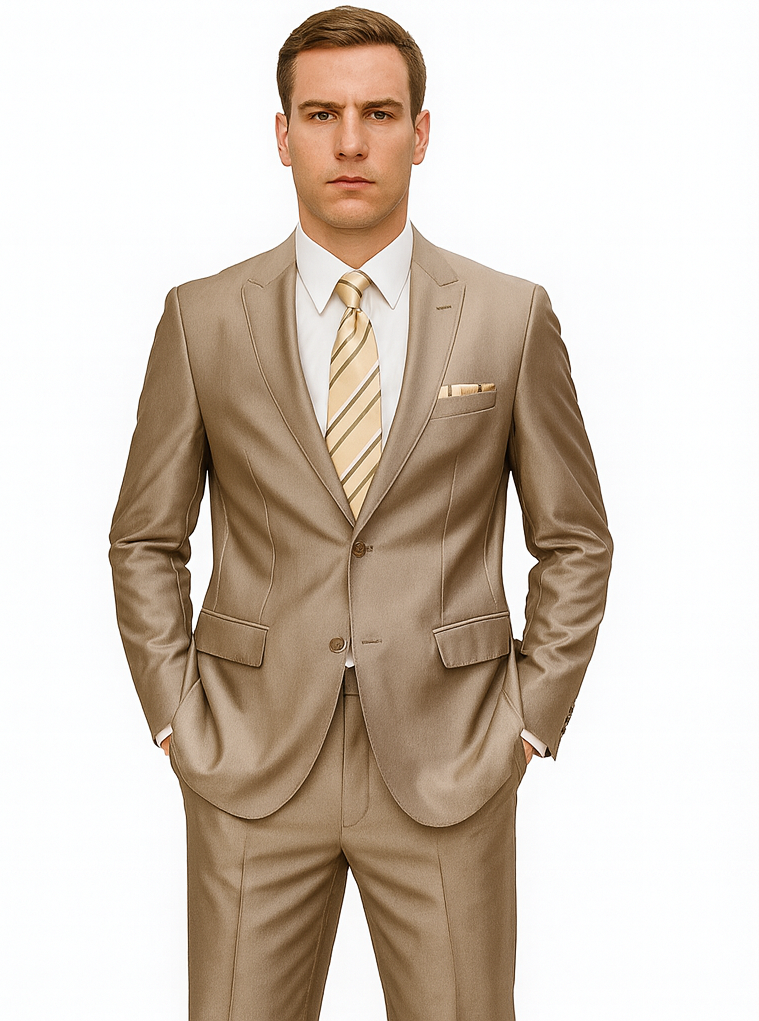 Mens 2 Button Peak Lapel Shiny Sharkskin Suit in Tan