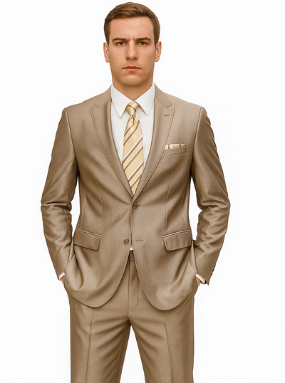 Mens 2 Button Peak Lapel Shiny Sharkskin Suit in Tan 7 P5-4348  - from alligatorwarehouse.com
