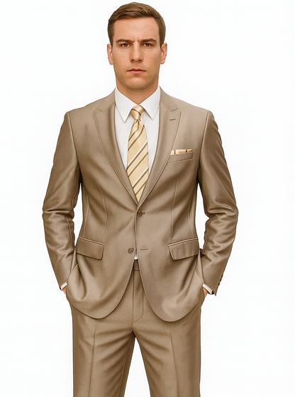 Mens 2 Button Peak Lapel Shiny Sharkskin Suit in Tan