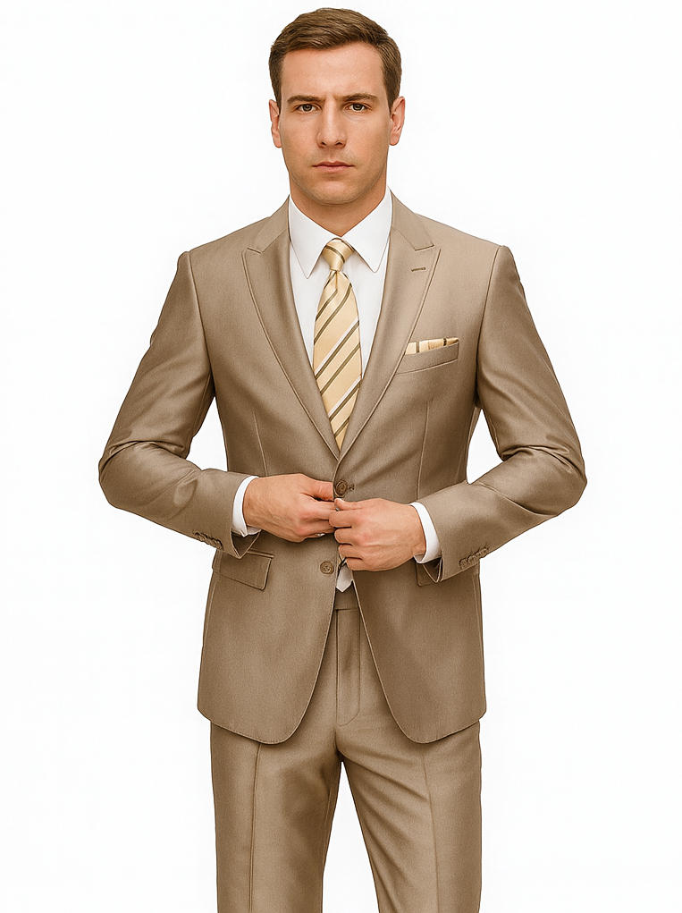 Mens 2 Button Peak Lapel Shiny Sharkskin Suit in Tan