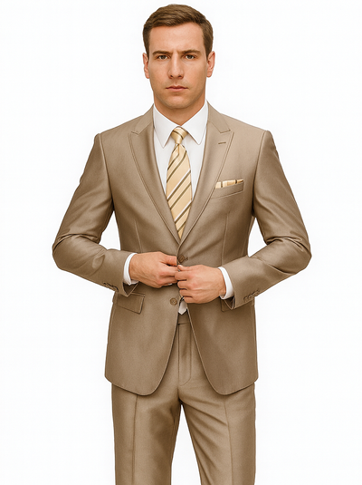 Mens 2 Button Peak Lapel Shiny Sharkskin Suit in Tan 8 P5-4348  - from alligatorwarehouse.com