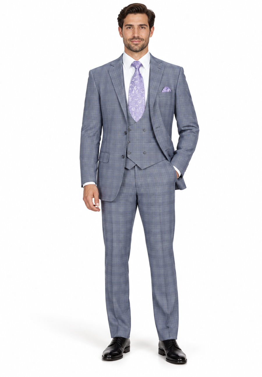 Mens 2 Button Plaid Double Breasted Fancy Scoop Vest Suit in Grey