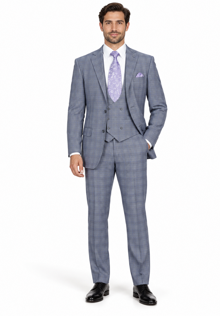 Mens 2 Button Plaid Double Breasted Fancy Scoop Vest Suit in Grey