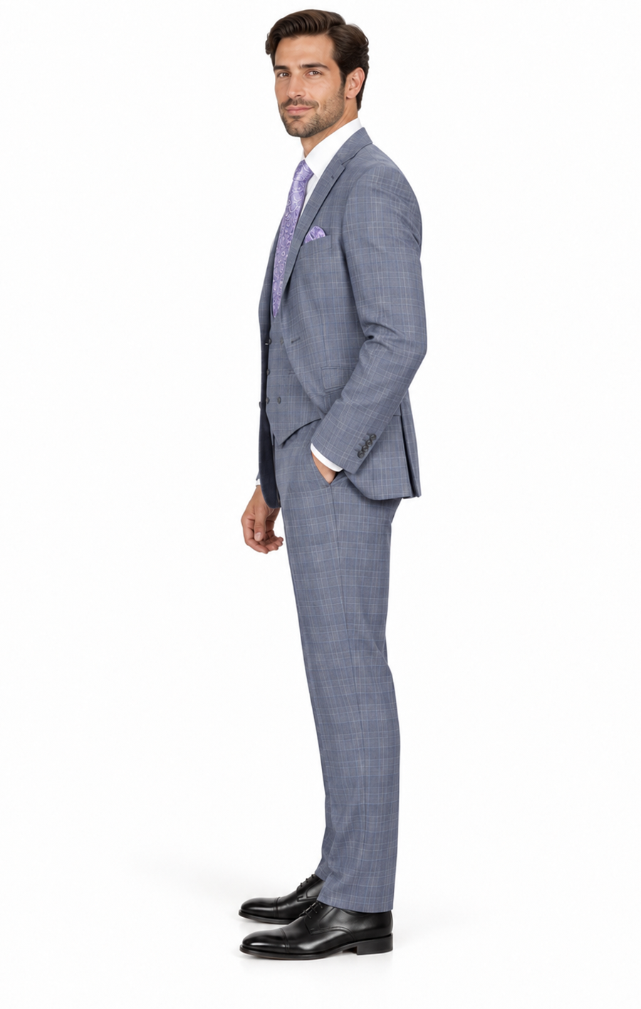 Mens 2 Button Plaid Double Breasted Fancy Scoop Vest Suit in Grey