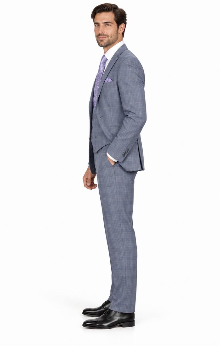 Mens 2 Button Plaid Double Breasted Fancy Scoop Vest Suit in Grey