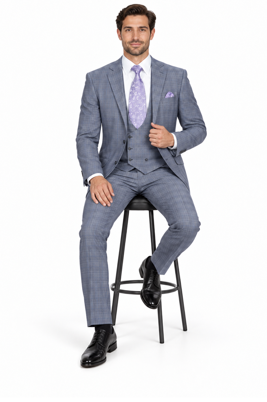 Mens 2 Button Plaid Double Breasted Fancy Scoop Vest Suit in Grey