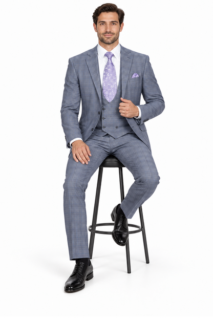 Mens 2 Button Plaid Double Breasted Fancy Scoop Vest Suit in Grey