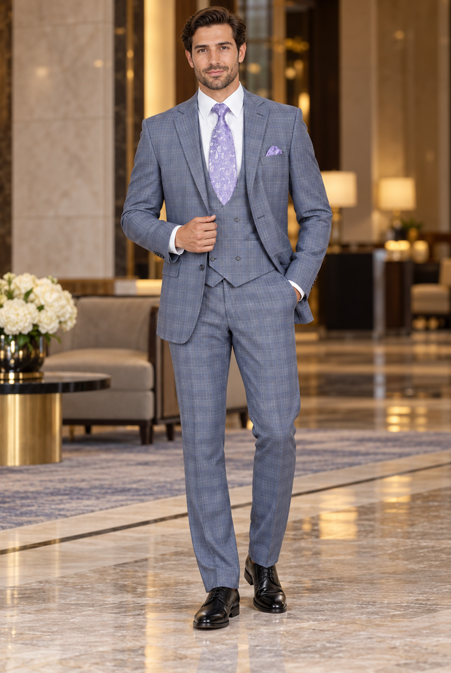 Mens 2 Button Plaid Double Breasted Fancy Scoop Vest Suit in Grey