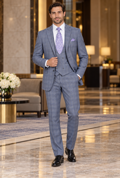 Mens 2 Button Plaid Double Breasted Fancy Scoop Vest Suit in Grey