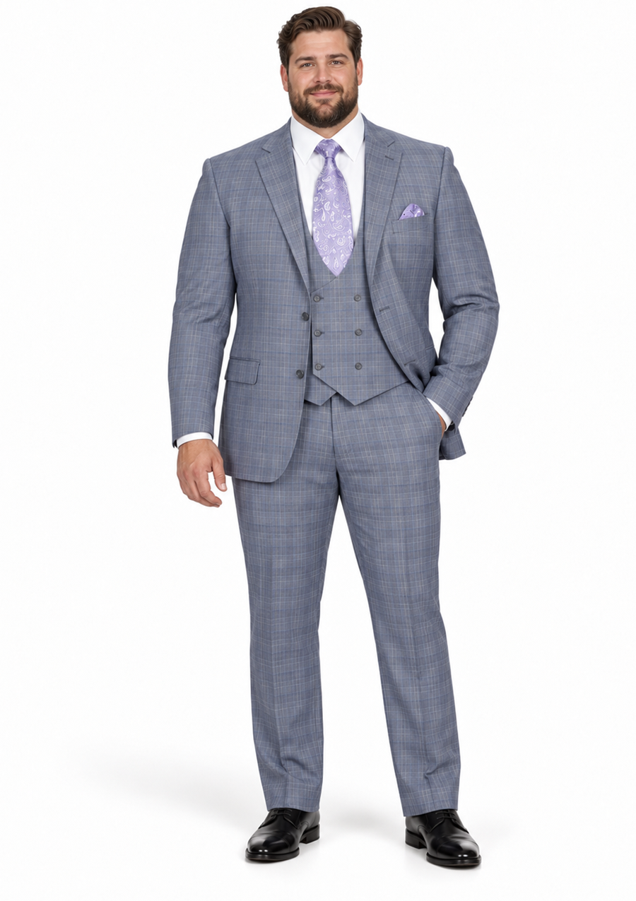 Mens 2 Button Plaid Double Breasted Fancy Scoop Vest Suit in Grey