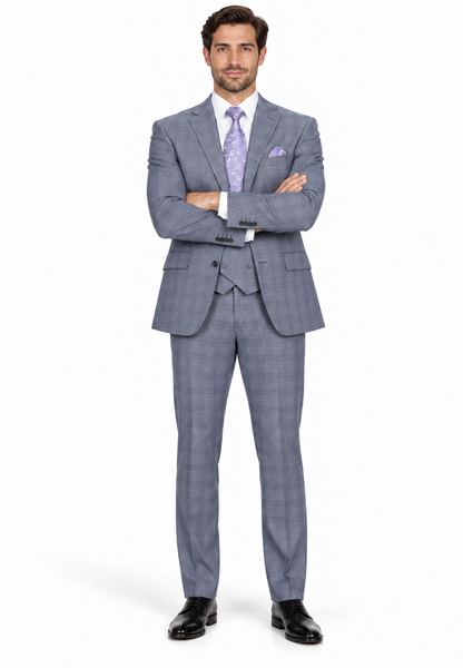 Mens 2 Button Plaid Double Breasted Fancy Scoop Vest Suit in Grey