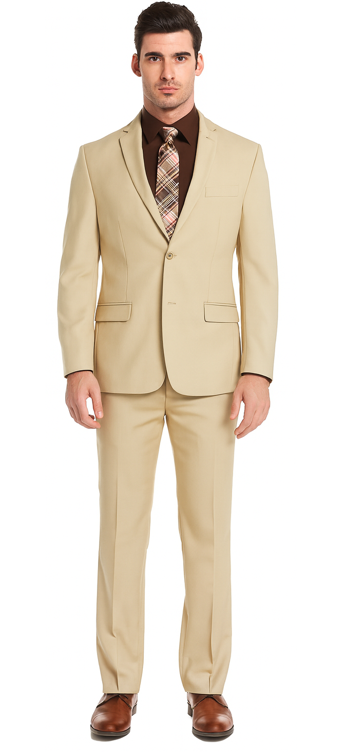 Mens 2 Button Slim Fit Rayon Fabric Suit in Beige